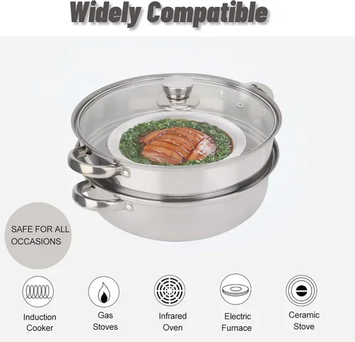 Miniatura 4 de Olla de vapor de 2 capas, olla doble caldera, olla de cocina de acero inoxidable con tapa de vidrio templado y asas dobles, funciona con horno