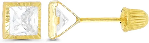 Aretes tipo dormilona de oro macizo amarillo de 14 quilates de 0.157 in con corte de diamante, bisel cuadrado básico con sombrero, oro amarillo,