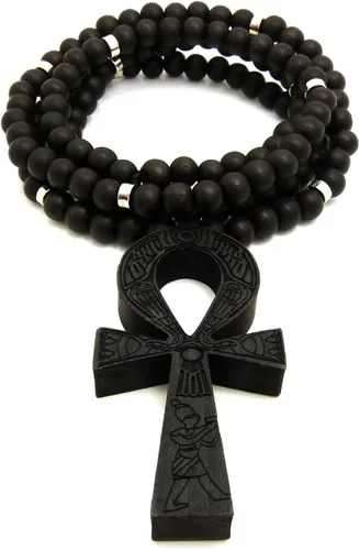 Miniatura 2 de Collar de cuentas de madera de 0.315in de 0.315in de 35.8in con diseño de llave de vida de Egipto, color negro, marrón