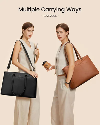 Miniatura 3 de LOVEVOOK Bolsa de mano para computadora portátil para mujer, bolsas de trabajo de cuero de 15.6 pulgadas con soporte grande para tazas para Negro
