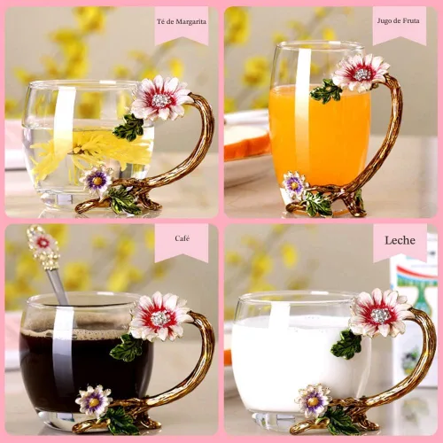 Miniatura 6 de Set de taza de té de cristal esmaltado con girasol sin plomo con cucharita, regalo para Navidad, día de San Valentín. El mejor regalo para tu madre