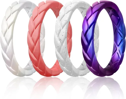 Miniatura 50 de Egnaro Anillos de boda de silicona para ella, conjuntos de novia de goma para mujer, bandas finas, diseño trenzado de hojas apilables con ranuras