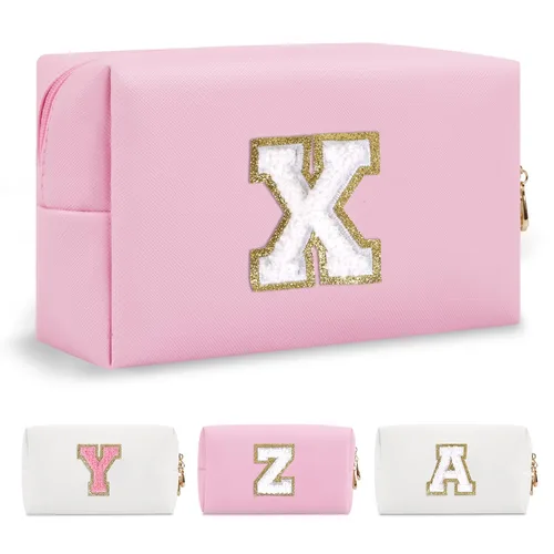 Miniatura 381 de Pequeña bolsa de maquillaje personalizada con inicial A-Z Preppy Patch, bolsa de cosméticos de viaje de felpilla blanca con cremallera, bonita bolsa