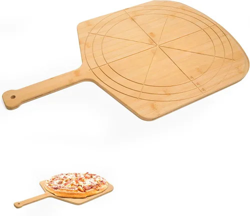 Miniatura 11 de Pizarra de madera de 12 pulgadas con tamaños grabados, tabla de cortar de pizza de bambú multiusos, cáscara de pizza de madera, espátula de pizza