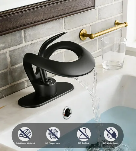 Miniatura 6 de AUU - Elegante grifo de lavabo de baño con un solo agujero, cascada negro mate, grifo de lavabo de latón sólido, grifo de lavabo de una sola manija