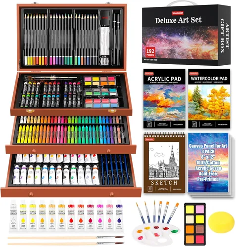 Miniatura 9 de Soucolor Suministros de arte, paquete de 192 piezas de arte de lujo, suministros de pintura de dibujo, kit de arte con almohadilla acrílica, Verde