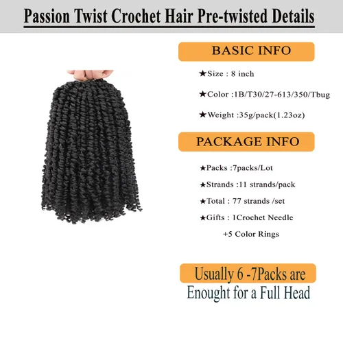 Miniatura 2 de Cabello Corto PassionTwist de 8 Pulgadas Cabello Pre-retorcido Passion Twists Cabello de Ganchillo Pre-enrollado Cabello Rizado de Ganchillo para 1b