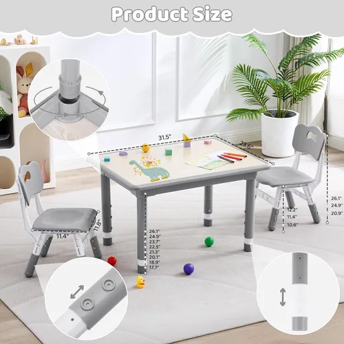 Miniatura 8 de DOREROOM Juego de mesa y 2 sillas para niños, altura ajustable (17.7-26.1 pulgadas), mesa y silla para niños pequeños, mesa multiactividad con Gris-W