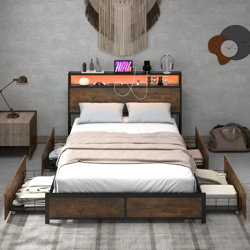Miniatura 3 de Giantex Base de cama matrimonial con cabecero de luces LED y 4 cajones de almacenamiento, plataforma de metal con tomas de corriente y puertos USB
