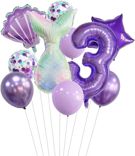 Miniatura 24 de 7 globos de sirena con números para fiesta de cumpleaños de 1, 2, 3, suministros de decoración de cola de sirena para niñas (número 0)