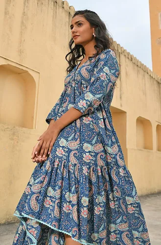 Miniatura 8 de Janasya Vestido indio de algodón verde azulado con estampado floral para mujer