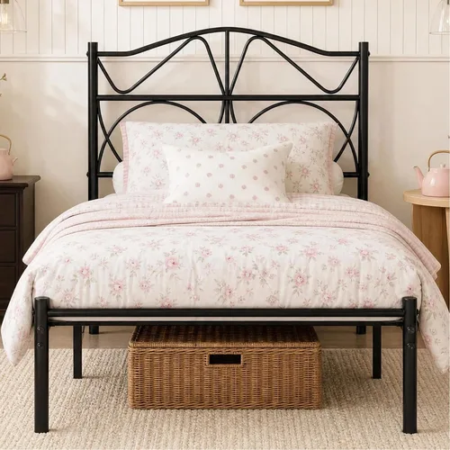 VECELO Base de cama de plataforma de metal tamaño individual con cabecera y estribo, base de colchón de soporte de listones resistentes, no necesita