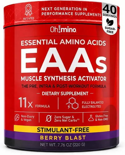 Ohmino BCAA + EAA en polvo, suplemento de aminoácidos, bayas, 40 porciones | Los 9 aminoácidos esenciales, fórmula patentada, electrolitos y