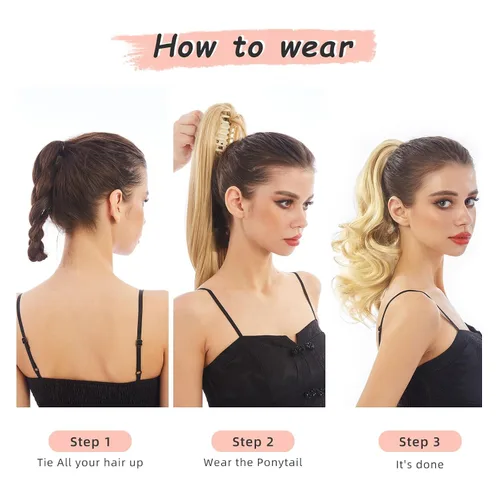 Miniatura 5 de Extensión de Cola de Caballo, Extensión de Cabello con Garra Larga de 20", Piezas de Cabello Sintético Ondulado Liso con Clip en Peluca de Cola