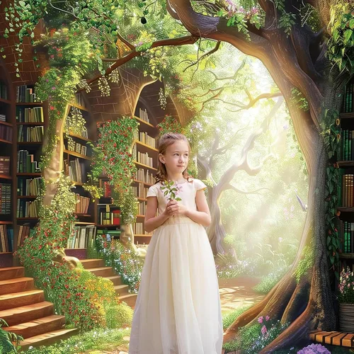 Miniatura 2 de Riyidecor Fondo de Biblioteca de Hadas Tela de Poliéster Estantería Árbol Encantado Bosque 5 Pies de Ancho x 3 de Alto Verde Jardín Libro Planta