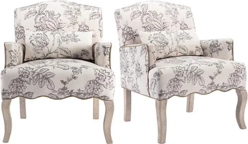 Miniatura 9 de Shunzhi Sillas de Acento Florales Estilo Granja Sillón Tapizado de Lino Silla de Lectura Moderna de Mediados de Siglo Sofá Individual con Almohada