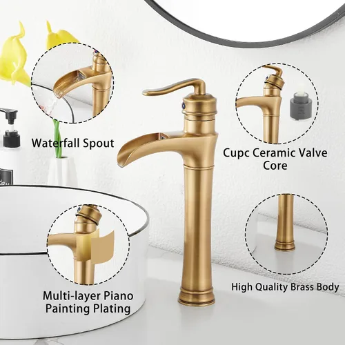 Miniatura 5 de Grifo de baño de cascada de latón antiguo GGStudy con una sola manija de un agujero, grifo de lavabo de baño a juego con drenaje desplegable