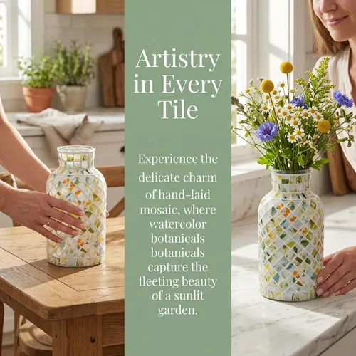 Miniatura 3 de Jarrón verde de vidrio de mosaico hecho a mano, florero floral de vidrio templado de 7.9 pulgadas con arte de azulejos diagonales de 45°, florero