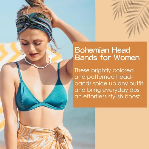 Miniatura 4 de Achiou Diademas bohemias para mujer, bandas para la cabeza anudadas para el cabello rizado para mujer, antideslizantes, bandas anchas de tela