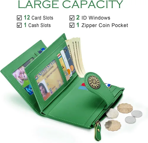 Miniatura 2 de Tipmile Billeteras pequeñas de cuero para mujer, con 2 ventanas de identificación, con bloqueo RFID, tarjetero con cremallera y bolsillo para Verde