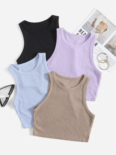 Miniatura 5 de SheIn 4 paquetes de camiseta corta sin mangas con cuello redondo para mujer