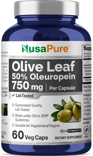 Extracto de hoja de olivo 750 mg 50% oleuropeína (sin OMG y sin gluten), vegano, sin aceite, 60 cápsulas