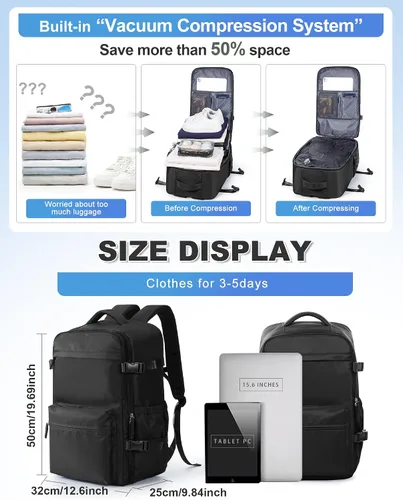 Miniatura 2 de winspansy Mochila de viaje esencial de viaje con bomba de aire, bolsas de compresión para viajes, transporte aprobado por vuelo, mochila