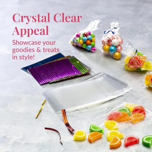 Miniatura 2 de Prestee Paquete de 200 bolsas de regalo de celofán de plástico transparente [3"x4"] con ataduras retorcidas de 4", bolsas de dulces, galletas