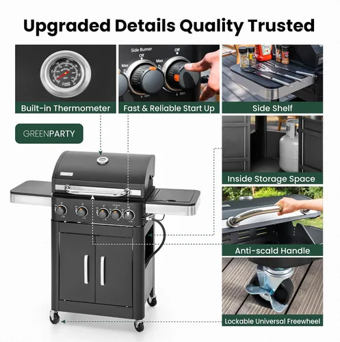 Miniatura 9 de Parrilla de Barbacoa de Gas Propano 2 en 1 con Quemador Lateral y Rejilla de Hierro Fundido Esmaltada en Porcelana, Plancha Plana de 4 Quemadores