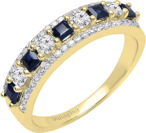 Miniatura 10 de Dazzlingrock Collection Anillo de boda de 9 piedras de zafiro azul princesa y diamante blanco redondo de 0.098 in cada uno en oro de 14 quilates