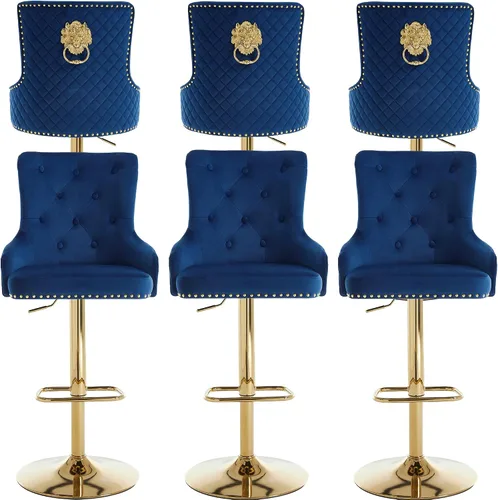 Miniatura 18 de Juego de 2 taburetes de bar de terciopelo, taburetes giratorios de altura de barra con anillo de tracción de león, taburetes tapizados de altura