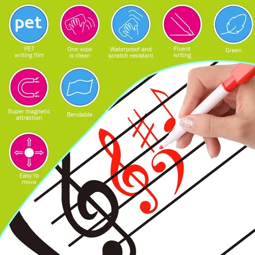 Miniatura 6 de Teling 9 piezas de 45.5 x 17 pulgadas, borrado en seco, hoja magnética para profesores, músicos, estudiantes, personal musical, 6 marcadores, 2
