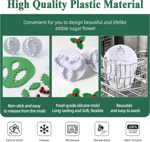 Miniatura 3 de KALAIEN 3 unids Holly Leaf Plunger Cutter Fondant Hornear Herramientas Cake Cookie Sugarcraft Decoración Molde