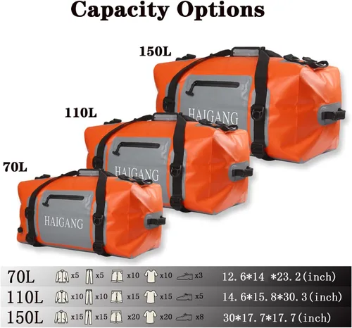 Miniatura 2 de Bolsa de lona impermeable de 70 L, bolsa seca de viaje, gran capacidad, correas y asas ajustables gruesas, cierre de cremallera, válvula de aire