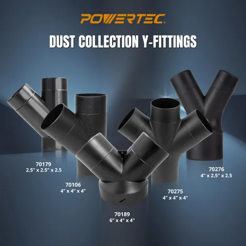 Miniatura 7 de POWERTEC 70275 Montaje de recolección de polvo de 3 vías con diseño en forma de Y para manguera y puño de 4 pulgadas