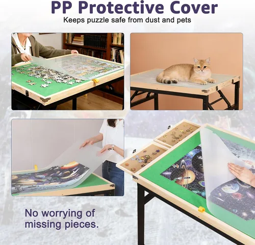 Miniatura 8 de Mesa de rompecabezas con cajones, mesa de rompecabezas ajustable de 3 ángulos sobre ruedas, 1500 piezas, patas de metal plegables y cubierta