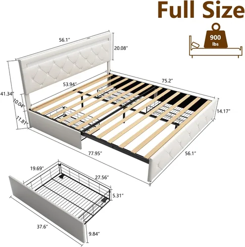 Miniatura 2 de Benevika Base de cama tamaño full con 4 cajones y luz LED, estación de carga, cama de plataforma de almacenamiento tapizada en cuero PU con cabecera