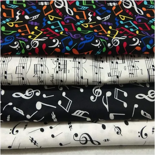 Paño de retazos, colorido negro y blanco nota musical impresa tela de algodón paquete de tamaño pequeño decoración de retazos de costura DIY, 4