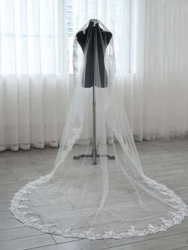 Miniatura 4 de Unsutuo Catedral velo de novia de 1 nivel, apliques de encaje, velo de novia, velo largo de tul con peine para mujeres y novias, Blanco
