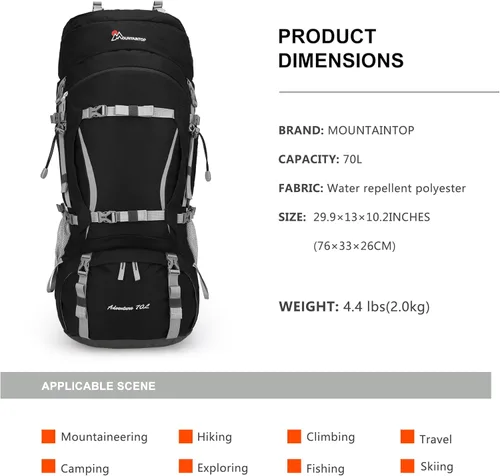 Miniatura 2 de MOUNTAINTOP 70L - Mochila con marco interno para camping, senderismo, mochila para hombres y mujeres con cubierta de lluvia