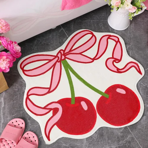 Duraaamo Alfombra de baño con lazo de cereza de 23.6 x 21.3 pulgadas, bonito lazo rosa, decoración de baño, suave, antideslizante, absorbente,