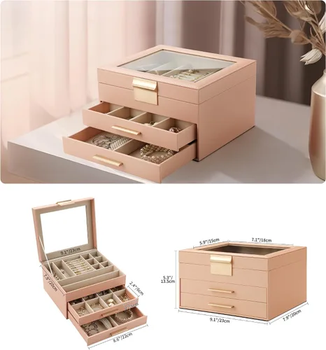 Miniatura 6 de Joyero con parte superior transparente, organizador grande de 3 capas para mujeres, aretes, anillos, collares, organizador de almacenamiento