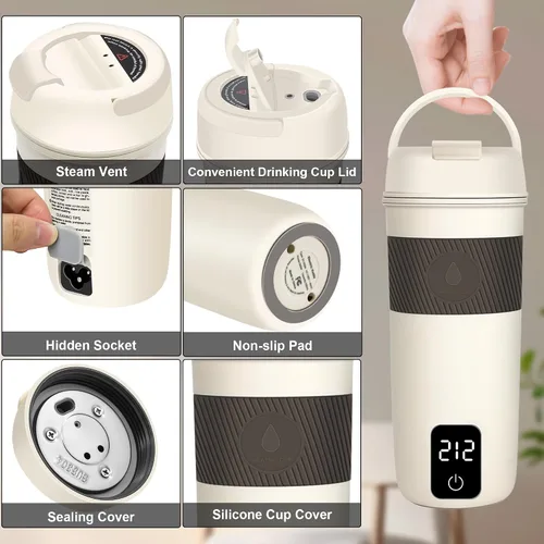 Miniatura 4 de Hervidor eléctrico portátil, mini calentador de agua caliente de 11.8 fl oz, hervidor de viaje con 4 ajustes de temperatura, calentador de botellas