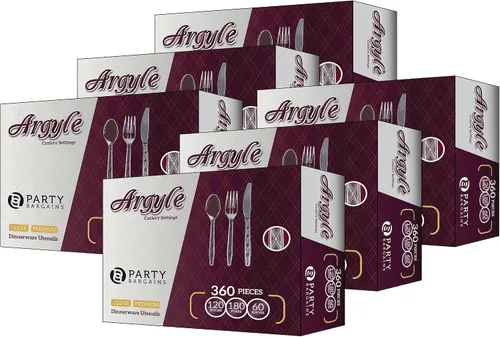 Party Bargains - Cubiertos de plástico transparente 2,160 piezas: 1,080 tenedores, 720 cucharas, 360 cuchillos. Argyle Design - Juego de cubiertos