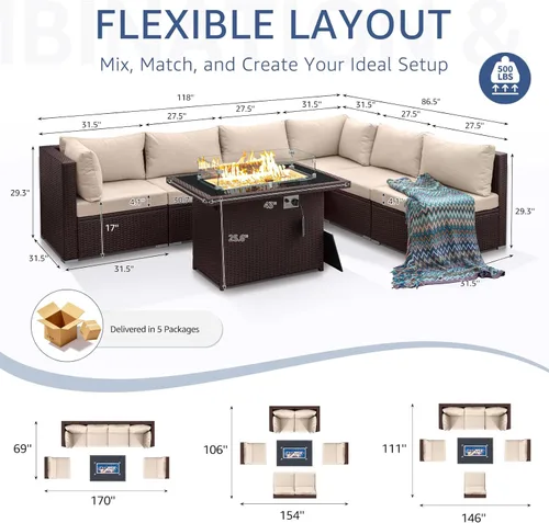 Miniatura 4 de NICESOUL Juego de muebles de patio para exteriores de 7 piezas con mesa para hoguera, gas natural y propano convertible, respaldo alto de 29.3