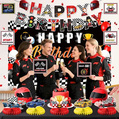 Miniatura 5 de Kit de decoración de fiesta de cumpleaños de auto de carreras para niños, cartel de feliz cumpleaños, telón de fondo de carreras con temática