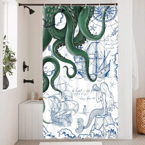 Miniatura 13 de Fungarth Cortina de ducha de pulpo náutico azul, sirena azul marino, divertida cortina de ducha estilo kraken del océano para baño, ancla fresca