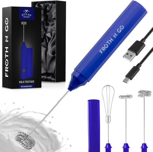 Miniatura 31 de Varita de espumador de leche mini y potente – Potente espumador de café de mano, mezclador de bebidas operado con batería – Tamaño de bolsillo Azul