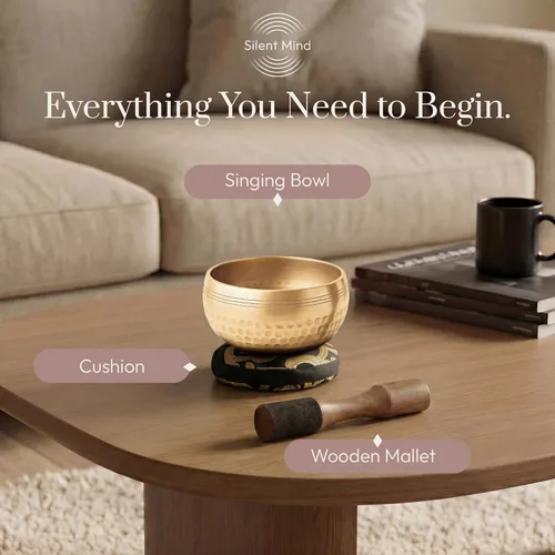Miniatura 5 de Juego de Cuencos Tibetanos de Canto – Diseño Auténtico Simple – Cuenco de Sonido y Cuenco de Meditación con Cojín, Mazo y Guía – Equilibrio