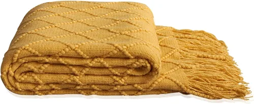 Manta suave, cálida y tejida con flecos decorativos, ligera para cama o sofá decorativa (amarillo, 50 x 90 pulgadas)